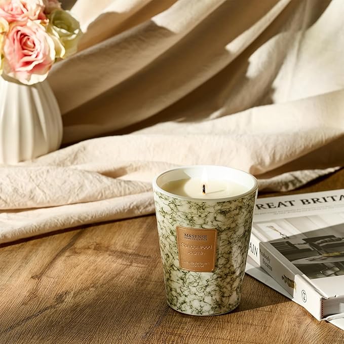 M&SENSE Sandalwood Jasmin Scented Soy Candle, 3 Wick Highly Scented 14.1 Oz 80H, Aromatherapy Christmas Gift for Women and Men