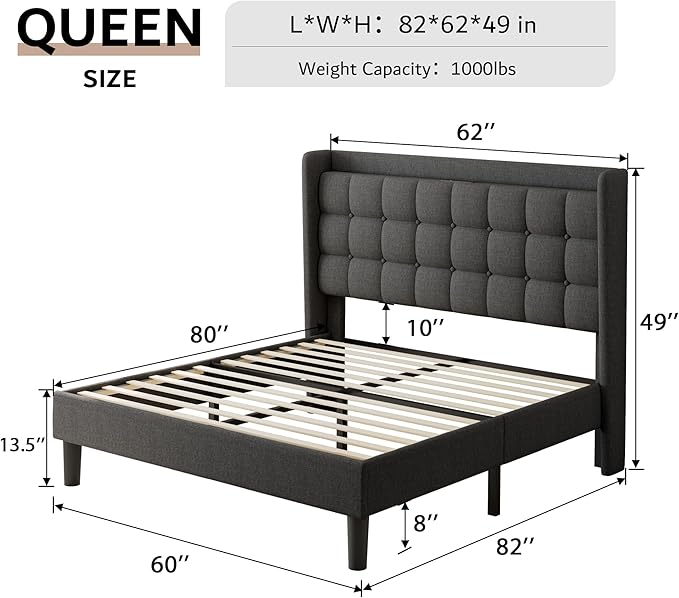 iPormis Queen Bed Frame with Charging & Storage, Upholstered Platform Bed with Button Tufted Wingback Headboard, Heavy-Duty Foundation, No Box Spring Needed, Dark Grey