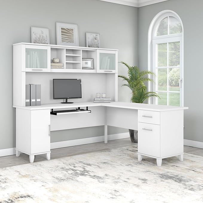 Bush Furniture Somerset L Shaped Desk with Hutch in White | Corner Computer Table with Drawers, Cabinets and Pullout Keyboard/Laptop Tray for Home Office