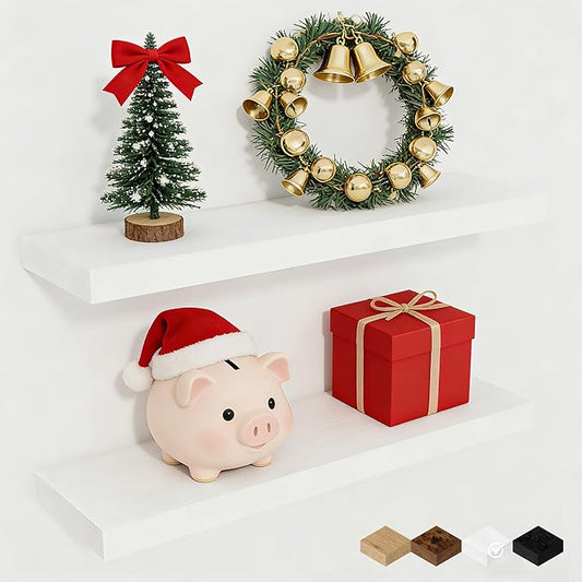 Fun Memories Floating Shelves for Wall, 22.5" Rustic Wood Deep Wall Mounted Shelves with Invisible Brackets for Decor & Storage, Floating Shelf for Living Room, Bathroom (White, Set of 2)