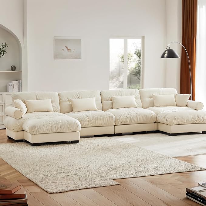 166" Oversized Couch, 4 Seater Modular Sectional Sofa, Beige White Large U Shaped Sectional Couches, Fluffy Couch Set, 4 Seater, Velvet Cloud Couches with Ottoman, Sofas for Living Room