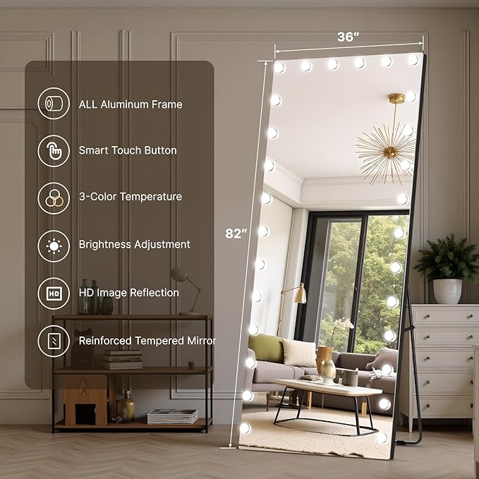 Kosmonia 82x36 Hollywood Full Length Mirror with Light, 28 Dimmable Bulbs & 3 Color Smart Touch Control, Distortion Free, Tempered Glass & Shatter Proof Film, Safe Full Body Mirrors with Stand