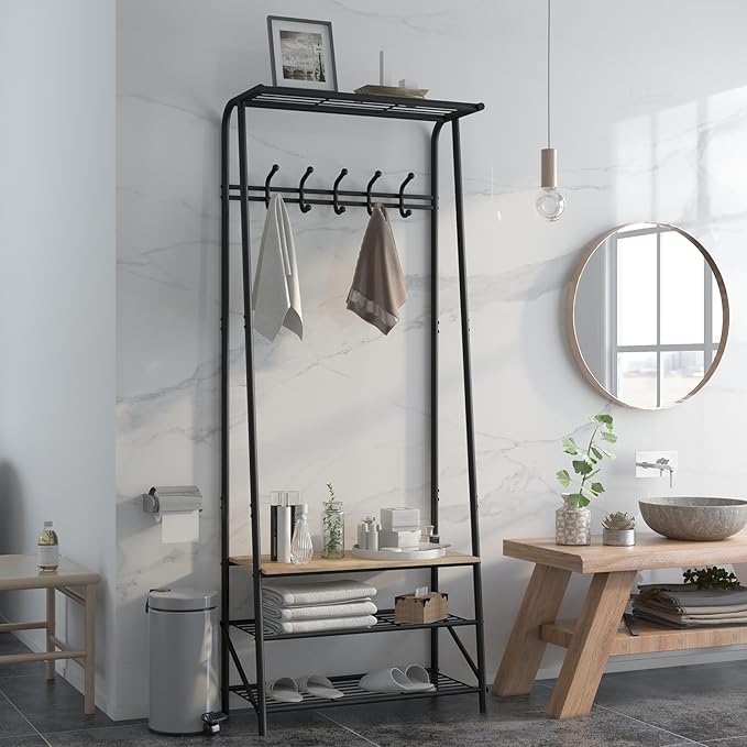 MDF Hall Tree with Bench, 4-in-1 Entryway Coat Rack with Storage Shelf & Shoe Organizer, Sturdy Freestanding Furniture for Living Room, Bedroom, Mudroom