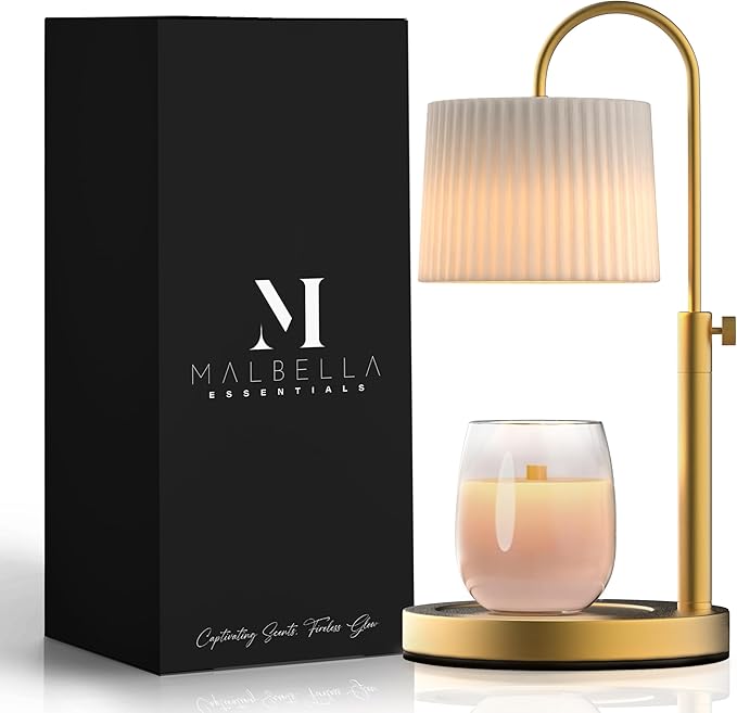 Dimmable Glass Candle Warmer Lamp with Timer - Adjustable Height Candle Lamp Warmer with Timer (8H/4H/2H) - Wax Melter - Ideal Gift, fits Various Size Scented Candles - 02 Bulb - (Gold Metal)