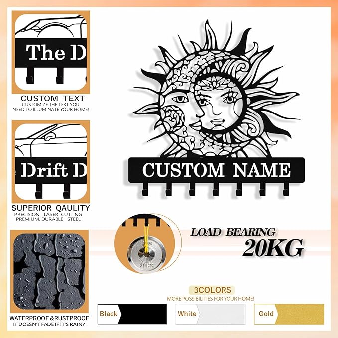 Personalized Moon Sun Key Holder Wall Mount, Custom Metal Key Holder for Wall with Name, Custom Keys Rack Hanger with Hooks for Entryway, Front Door, Hallway, Living Room, Kitchen