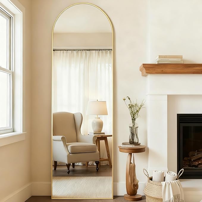 MISSDAY 64"x21" Arched Full Length Mirror, Gold Full Body Mirror with Stand, Floor Mirror Long Free Standing, Leaning or Hanging, Aluminum Thin Frame Wall-Mounted Mirrors Wall Mirrors for Bedroom