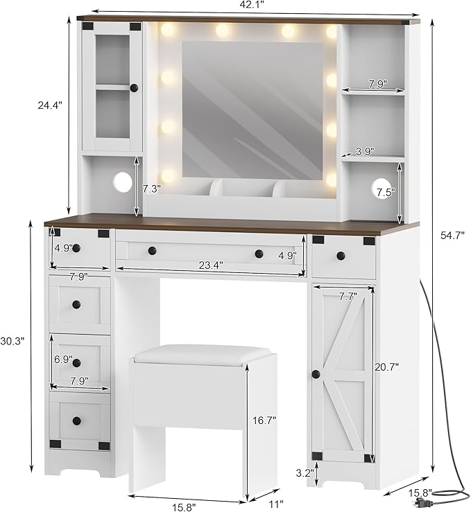 IDEALHOUSE Farmhouse Vanity Desk with Mirror and Lights, White Makeup Vanity Set with Stool, Power Outlet, 3 Color Lighting Modes Bulbs, Drawers & Cabinets, Dressing Table for Bedroom, White