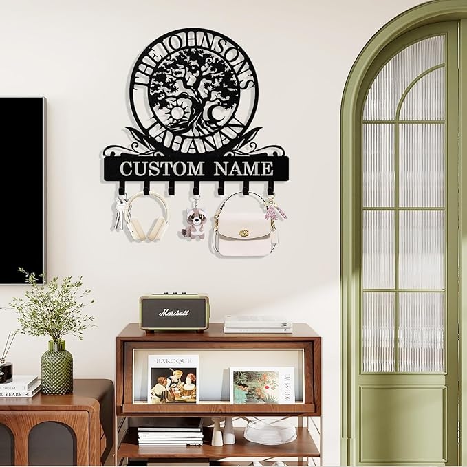 Personalized Key Holder Wall Mount, Custom Tree of Life Metal Keys Holder for Wall with Name, Wall Key Hanger Rack with Hooks for Entryway, Front Door, Living Room, Kitchen, Bathroom, Garden