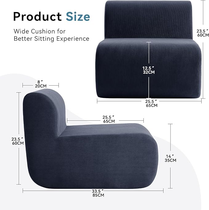 Cloud Single Sofa Chair,Fireside Beanbag Chair Upholstered Floor Sofa Couch,Corduroy Boneless Couch for Small Spaces,Memory Foam Lounge Chair for Bedroom, Living Room,Deep Blue