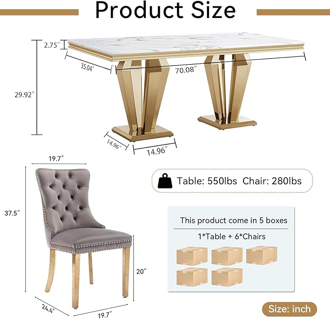70" Faux Marble Dining Table Set for 6, 7-Piece Dining Set with White Gold Kitchen Table and 6 Velvet Tufted Chairs, Modern Rectangular Dining Room Table with Diamond-Shape Stainless Steel Base