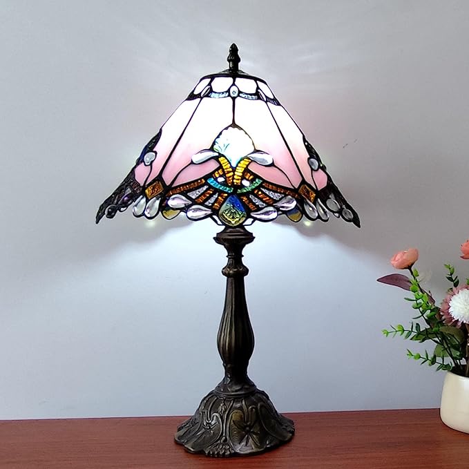 Tiffany Lamp Stained Glass Lamp 3 -Way Tiffany Style Antique Lamp Vintage Pink Baroque Style Bedside Table Light for Home Office (Included 3 Colors LED Bulb)