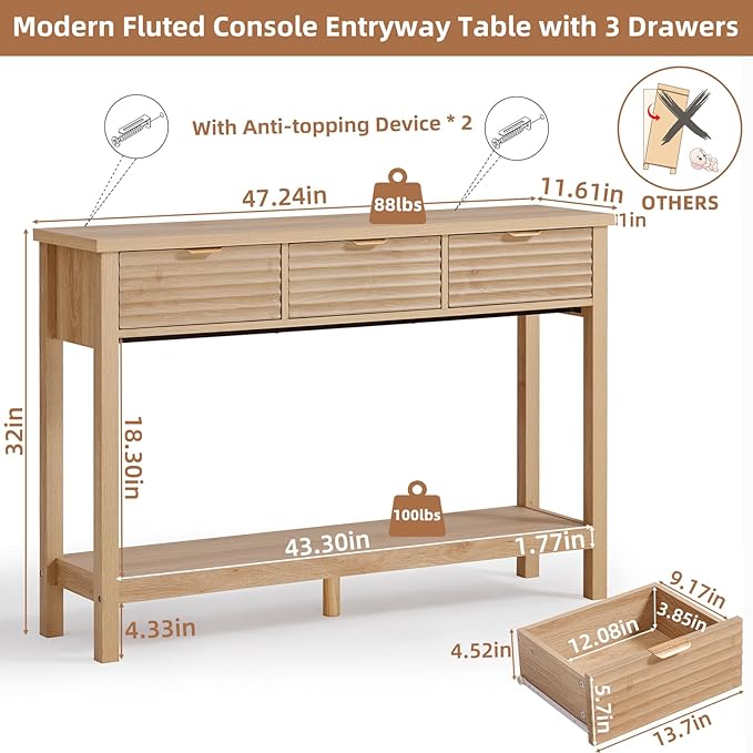 LEYAOYAO Fluted 47.2" Console Table with 3 Drawers, Modern Wood 2 Tier Entryway Table with Open Storage Shelf, Boho Sofa Entry Tables Behind Couch for Living Room, Hallway, Entrance Foyer, Natural Oak