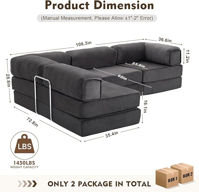 108" L Shaped Couch, Modular Sectional Sofa with Chaise, Cloud Boneless Couch with Deep Seat & Removable Pillow for Living Room, Bedroom,No Assembly Required（Grey）