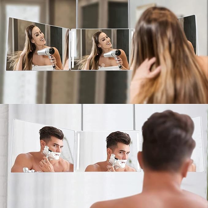 HIEEY 3 Way 360 Trifold Mirror with LED, Height Adjustable Telescoping Hooks,and 5X Magnification for Makeup,Hair Cutting/Styling (White)