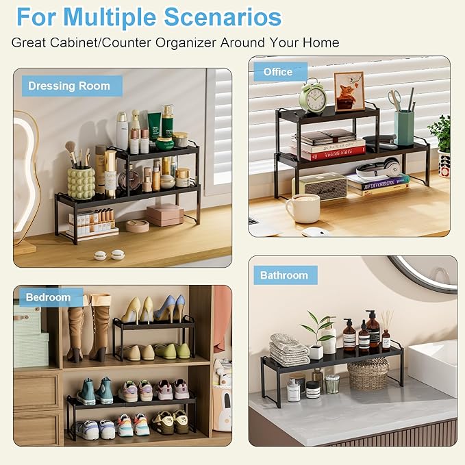 25.5 Inches 2 Pack Expandable Cabinet Shelves, Stackable Shelf Organizer for Kitchen Cabinet Countertop Storage, Adjustable Counter Cupboard Pantry Organizer Shelf Rack Stand Riser, Black