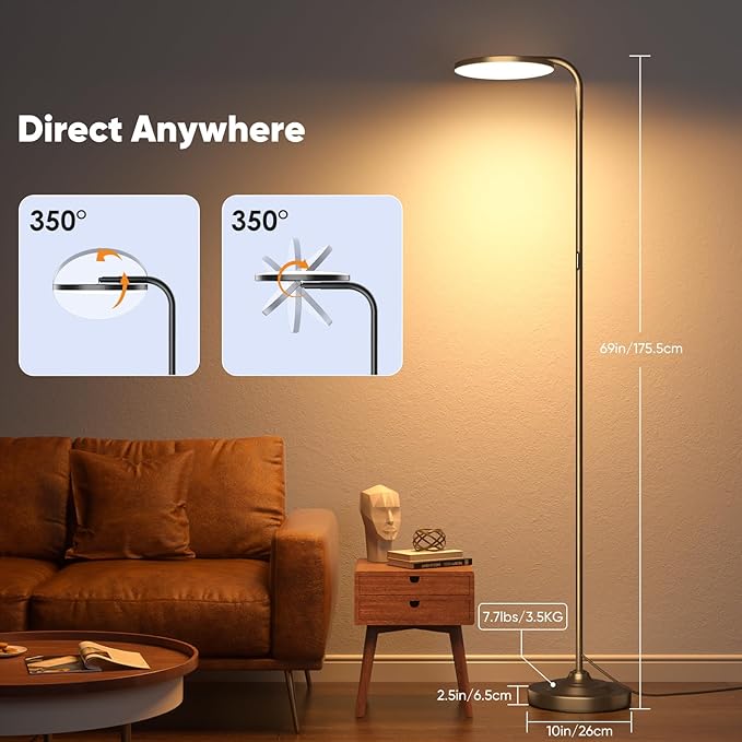 36W LED Floor Lamp, Upgrade Super Bright Standing Lamp, Modern Stepless Dimmable Torchiere Tall Lamp with Remote Control, 350°Rotating Head Reading Floor Lamp for Living Room, Bedroom, Office