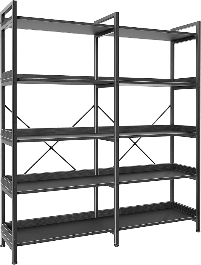 Huuger 5 Tier Bookshelf, Display Bookshelf with 10 Open Shelves and Raised Baffle, 47.2 Inch Straight Wide Bookcase with Metal Frame and Wooden Board, Adjustable Feet, Black