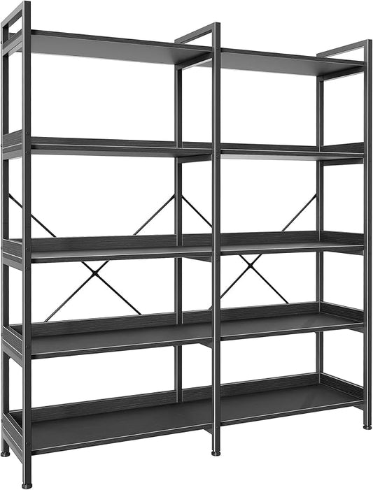 Huuger 5 Tier Bookshelf, Display Bookshelf with 10 Open Shelves and Raised Baffle, 47.2 Inch Straight Wide Bookcase with Metal Frame and Wooden Board, Adjustable Feet, Black
