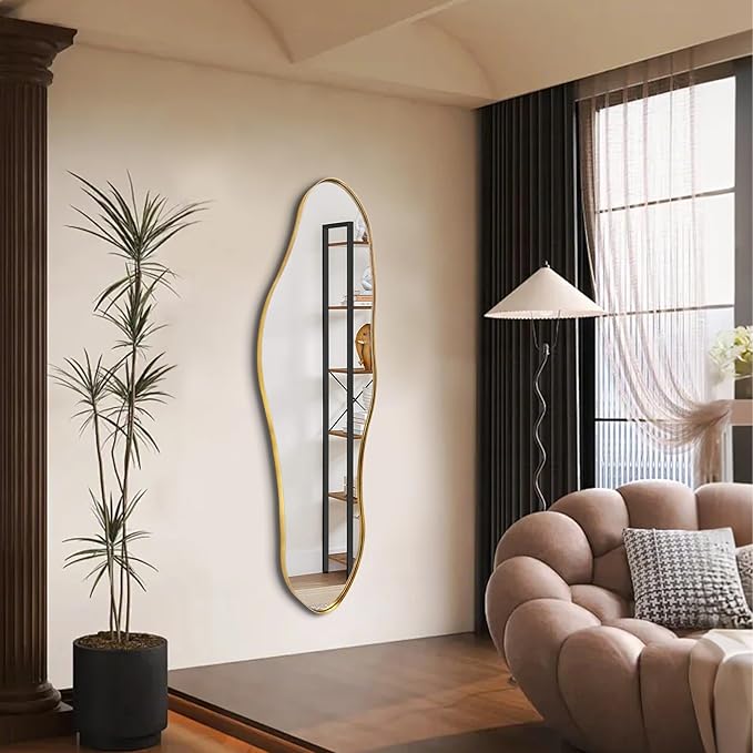 Irregular Mirror Full Length, 63"x22.5" Asymmetrical Wall Mirrors with Gold Metal Frame, Large Modern Abstract Unique Shaped Mirror for Living Room Bathroom Bedroom Hallway Entryway