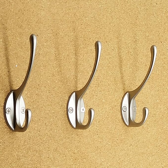 IBosins 10 Pack Heavy Duty Dual Coat Hooks Wall Mounted with 40 Screws Retro Double Hooks Utility Silvery Hooks for Coat, Scarf, Bag, Towel, Key, Cap, Cup, Hat (Silvery)