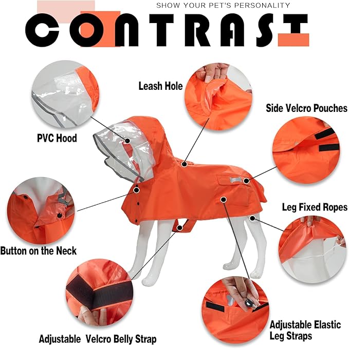 Dog Raincoat,Waterproof Rain Poncho with Hoodie, High Reflective Adjustable Pet Rain Jacket with Leash Hole for Small Medium and Large Dogs (Orange, X-Large: 37-55lbs)