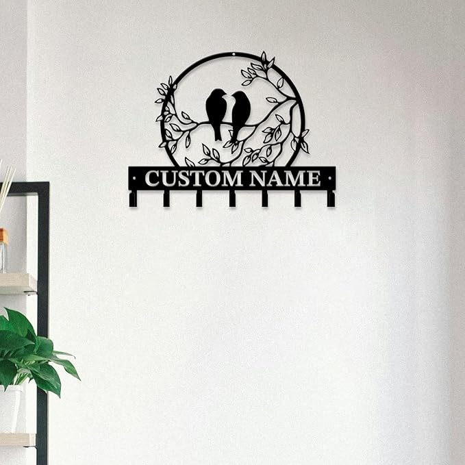 Personalized Custom Name Birds of Trees Wall Key Hooks,Metal Birds of Trees Art Clothes Hooks,Metal Birds of Trees Wall Home Storage Decorative,For Front Door, Hallway, Kitchen, Bedroom (Style F)