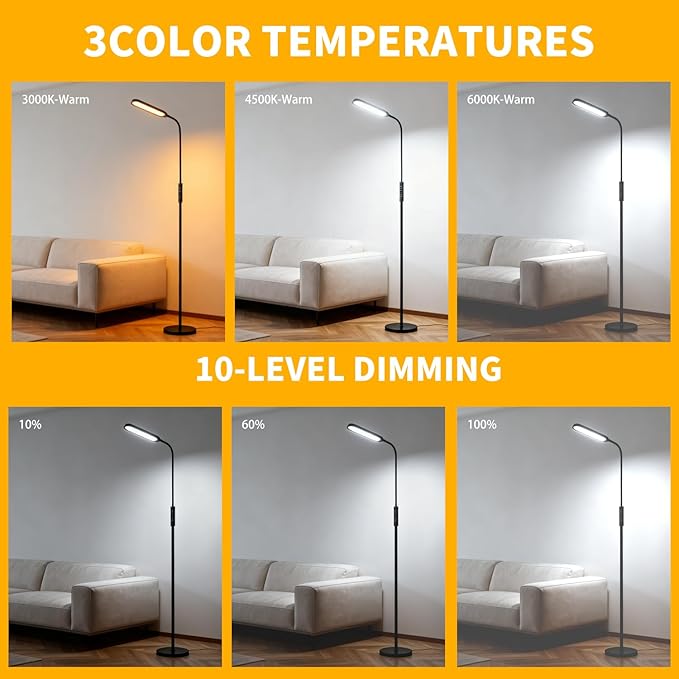 CRI95+ Floor Lamps for Living Room, 18W 3000LM Standing Lamp with 3 Color Temps, Gooseneck Adjustable Dimmable Lamp with Remote, Touch Control for Bedroom, Office, Tattoo Light