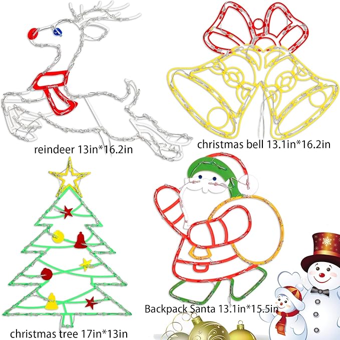 Christmas Decorations - 16" Christmas Window Silhouette Lights - 4 Pack Colour Lighted Santa & Reindeer & Christmas Tree & Bell for Holiday Indoor and Outdoor Wall Door Window Decorate