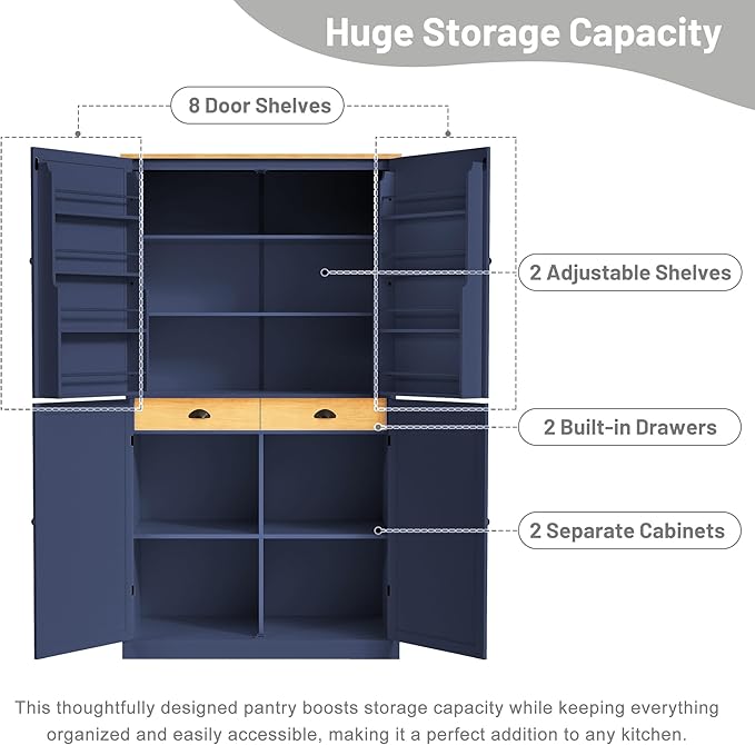 Merax 71.3" Tall Kitchen Storage Cabinet Pantry Farmhouse Freestanding Large Cupboard with 2 Drawers,2 Adjustable Shelves,for Dining Room