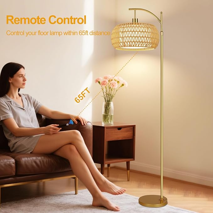 Gold Floor Lamps for Living Room Boho Rattan Floor Lamp with Remote Control & Wicker Lampshades,Vintage Brass Standing Lamp Dimmable Tall Floor Lamp for Bedroom Living Room Corner
