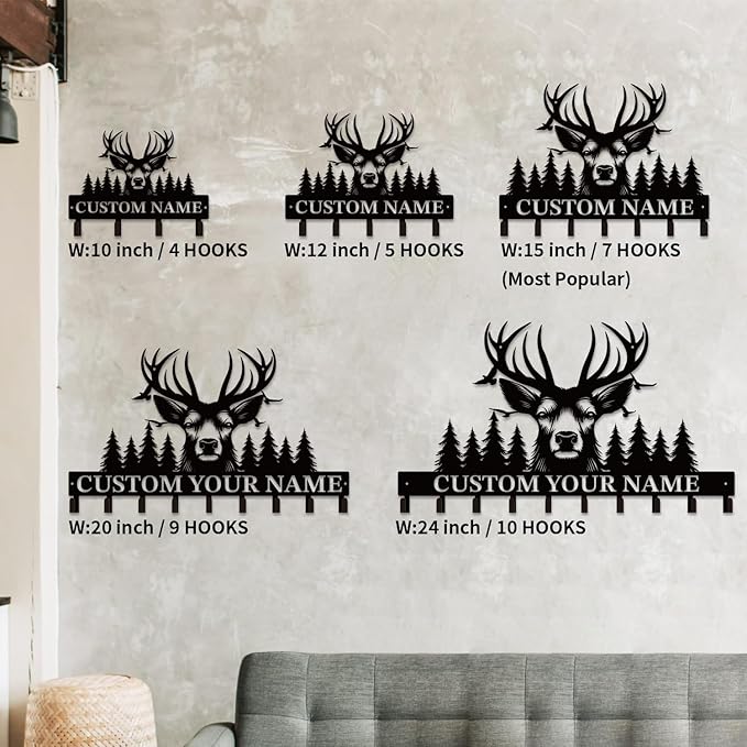 Personalized Custom Name Forest Deer Wall Keys Hooks,Metal Forest Deer Art Clothes Hooks,Metal Forest Deer Wall Home Storage Decorative,For Front Door, Hallway, Kitchen, Bedroom,Keys,Hats (Style E)