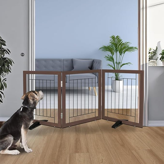 ZJSF Freestanding Dog Gate Indoor, Foldable Dog Fence for Doorways,Hallways or Stairs, Sturdy Wood Extra Wide Pet Gate with Support Feet,Brown,24 "Height-3 Panels
