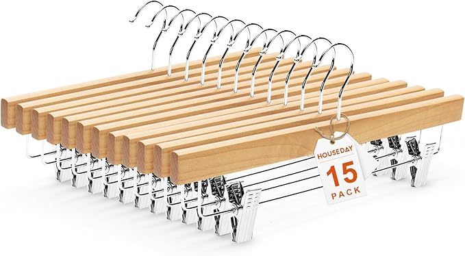 HOUSE DAY Premium Wooden Pants Hangers 15 Pack, Solid Lotus Wood Skirt Hangers with 2-Adjustable Clips, Heavy Duty & Anti Slip Wood Bottom Hanger for Slacks, Jeans, Trousers, Shorts (Natural)