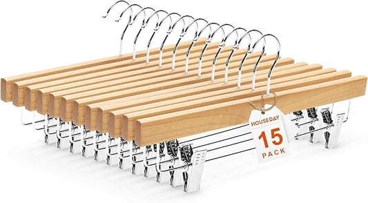 HOUSE DAY Premium Wooden Pants Hangers 15 Pack, Solid Lotus Wood Skirt Hangers with 2-Adjustable Clips, Heavy Duty & Anti Slip Wood Bottom Hanger for Slacks, Jeans, Trousers, Shorts (Natural)