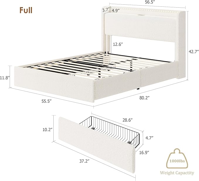 Full LED Bed Frame with 4 Storage Drawers and Storage Headboard, Soft Boucle Upholstered Platform Bed Frame with Charging Station and USB Ports, Solid Wood Slats Support, No Box Spring Needed, Cream