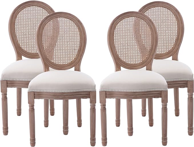 Nrizc French Country Dining Chairs Set of 4, Farmhouse Fabric Chairs with Round Back, Rattan Dining Chair, Oval Side Chairs for Dining Room/Living Room/Kitchen/Restaurant