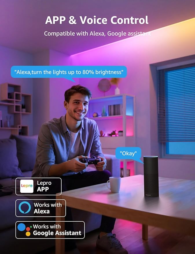 Lepro S1 AI LED Strip Lights for Christmas Decorations, 100ft(2 Rolls of 50ft) Smart RGB Light Strips with IC, Music Sync, Personalized Al Lighting Designer, No Remote, 2.4GHz Wi-Fi & Bluetooth