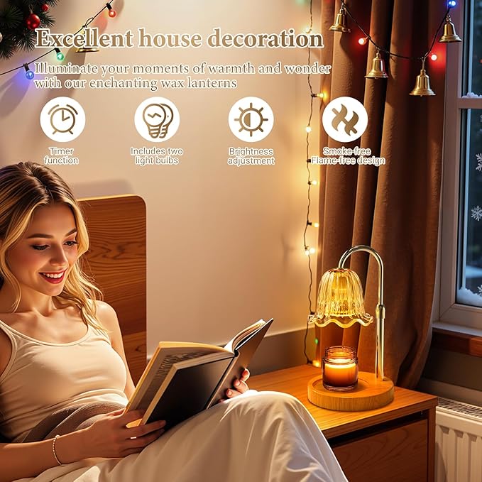 WarmEmbrace Candle Warmer Lamp with Timer Dimmable Light & Adjustable Height, Birthday Gifts for Women Mom Girl,House Warming Gift New Home Decor,Wax Melting Warmer for Jar Candles with 2 Bulbs/Gold