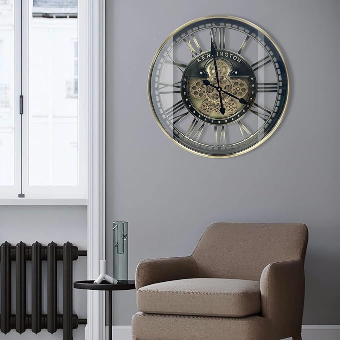 DORBOKER Real Moving Gears Wall Clock Large Modern Metal Clocks for Living Room Decor, Industrial Steampunk Unique Vintage Rustic Decorative Clock for Home Farmhouse Office, 21 Inch,Bronze Gold Roman