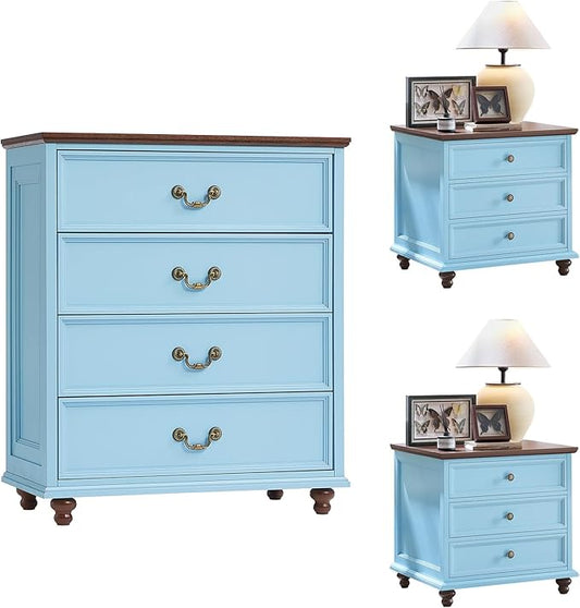 Farmhouse Furniture Sets, 24" Wide Farmhouse Nightstand Set of 2, 37" Tall Rustic Chests of Drawers w/ 4 Solid Wood Feet for Bedroom, LightBlue