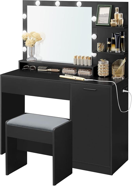 VASAGLE Vanity Desk with Mirror and Lights, 43.3-Inch Wide Makeup Vanity with Upholstered Vanity Stool, Power Outlets, Dimmable LED Lights, Storage Drawer, for Bedroom, Ink Black URDT628B01
