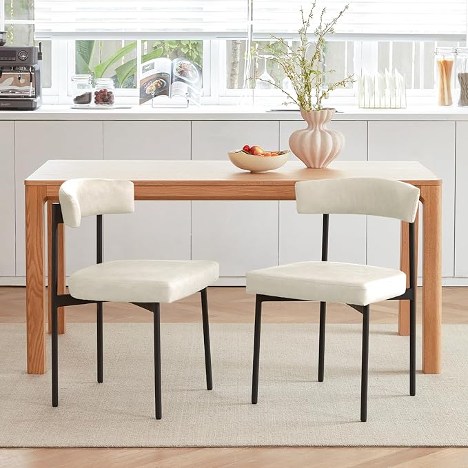 Beige Faux Leather Dining Chairs Set of 2, Armless Upholstered Kitchen Chair,Modern Dining Room Chair with Curved Backrest