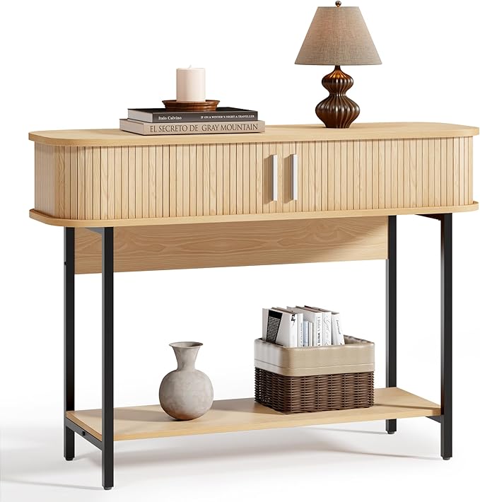 40" Mid Century Modern Entryway Table, Ultra Slim Fluted Console Table with Storage & Sliding Doors, Modern Round Corner Sofa Table, Wooden Entry Table for Hallway, Living Room, Natural