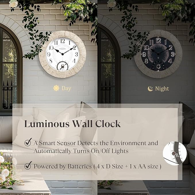 Presentime & Co 14" Illuminated in/Outdoor Clock with Smart Sensor and Night Light, Waterproof, Large Wall Clock with Thermometer & Hygrometer, for Garden and Patio - Coastal Sandstone Finish.