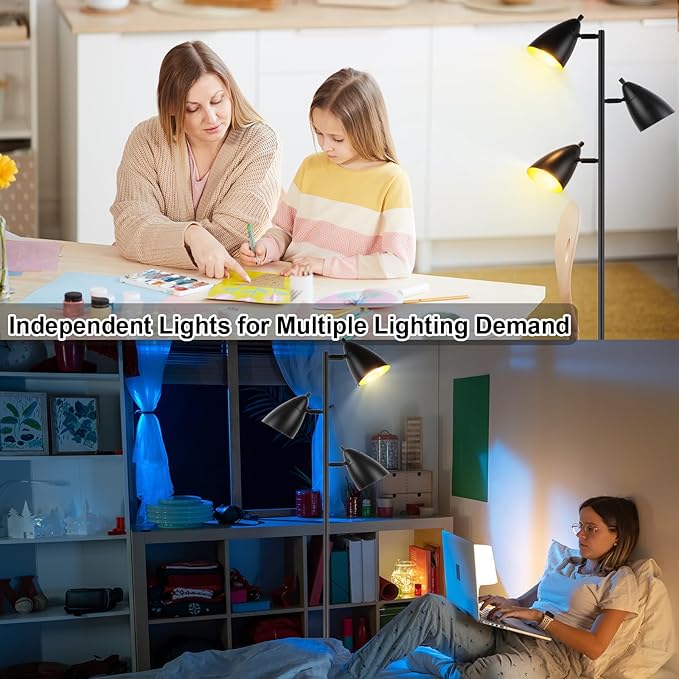 Tree Floor Lamp for Living Room, Industrial 3-Light Standing Lamp with 3 LED Bulbs, Adjustable Rotation Heads, Standing Tall Pole Lamp Farmhouse Rustic Reading Lamps for Bedroom Office (Black)