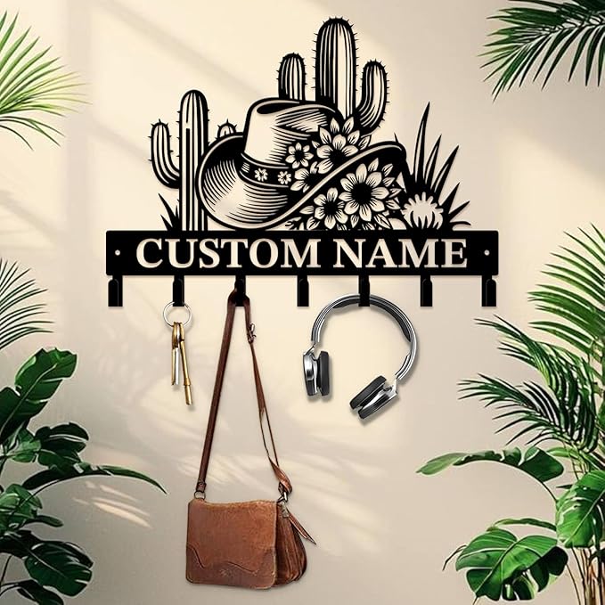 Custom Western Cowboy Metal Iron Key Hooks,Personalized Name & Text Engraving,Decor Wall Keys Holder for Home Entryway (Style A)