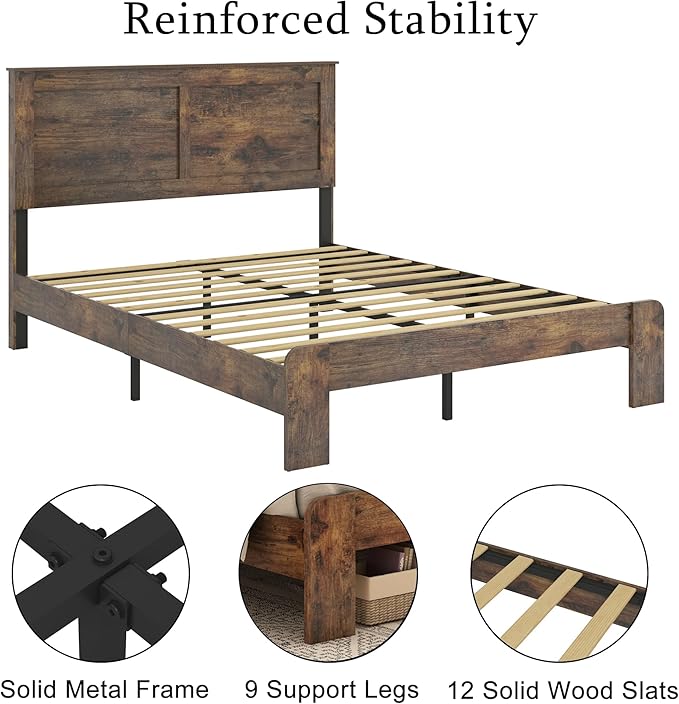 King Size Bed Frame, Rustic Vintage Platform Bed Frame with Wood Headboard and Footboard, 12 Wood Slats Support, No Box Spring Needed (Dark Brown, King)
