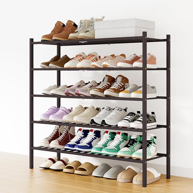 Smiry Shoe Rack, 5 Tier Long Bamboo Shoe Organizer, Stackable Free Standing Wooden Shoe Storage Shelf for Closet, Entryway, Front Door Entrance, Brown