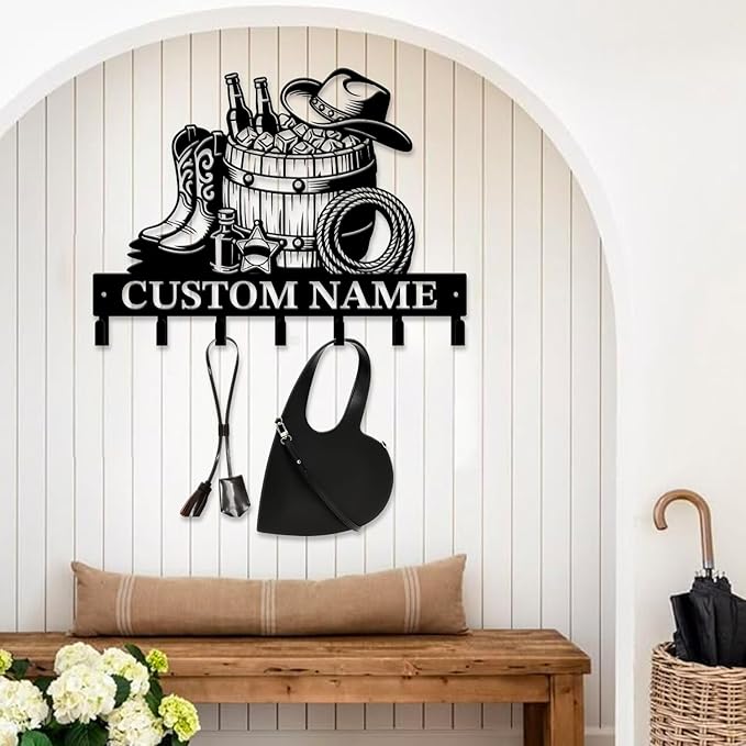 Custom Western Cowboy Metal Iron Key Hooks,Personalized Name & Text Engraving,Decor Wall Keys Holder for Home Entryway (Style J)