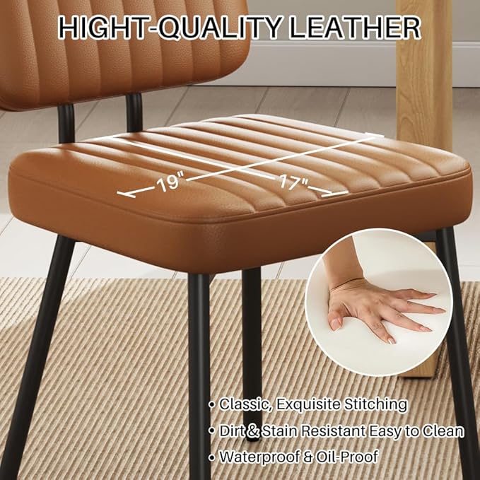 Dining Chairs Set of 4, Upholstered Mid Century Modern Kitchen Dining Room Accent Chairs with Faux Leather Cushion Seat & Metal Legs for Kitchen, Living Room (Brown, Set of 4)